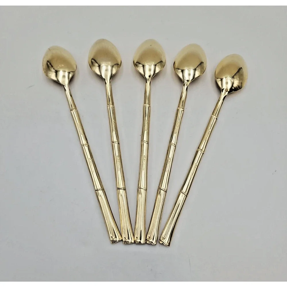Set 5 National Escapade Iced Tea Spoon Gold Stainless Steel Bamboo Handles JAPAN